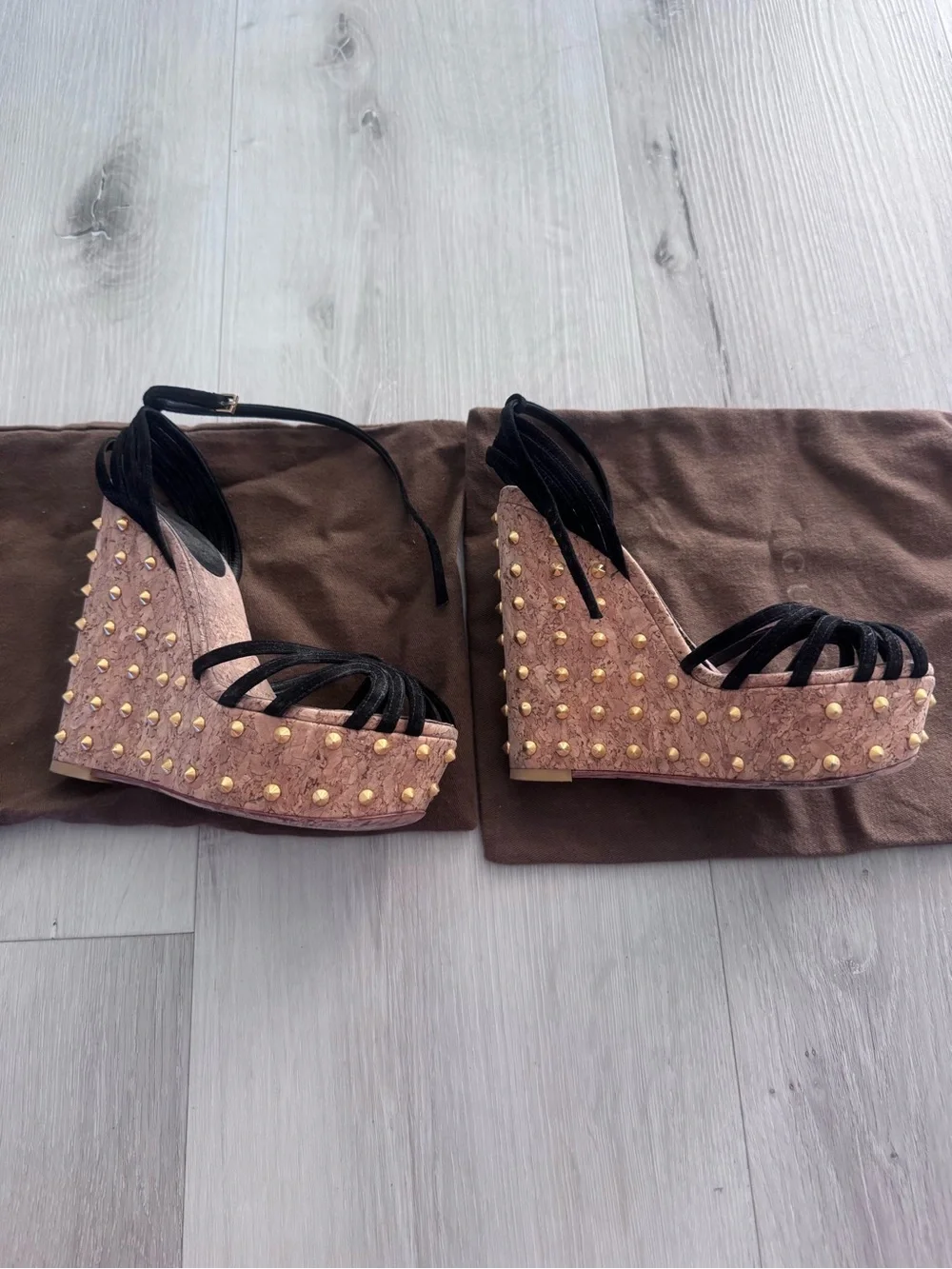 Gucci Black Strappy Cork Platform Wedges with Gold Studs